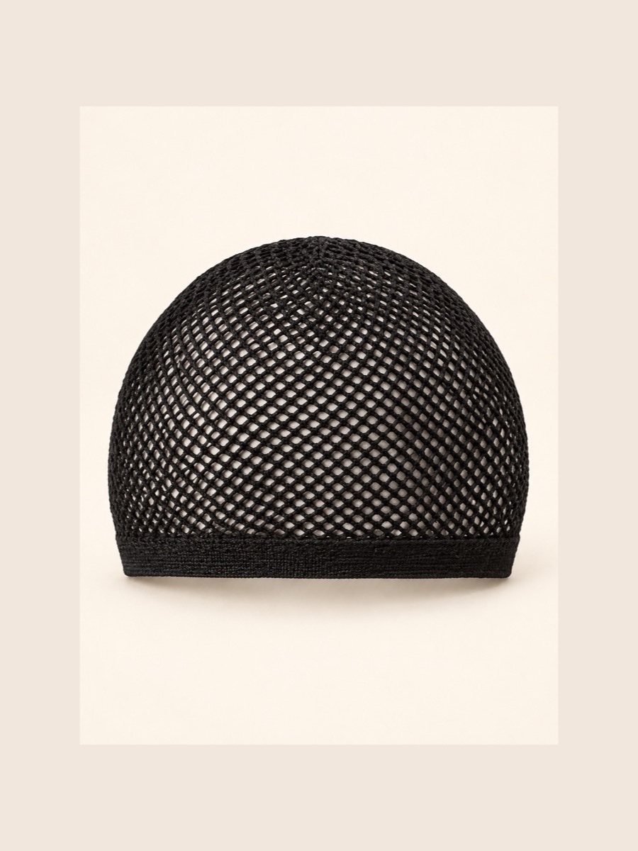 Open-Ended Mesh Wig Cap bangs / hair headband displayed on a warm cream background