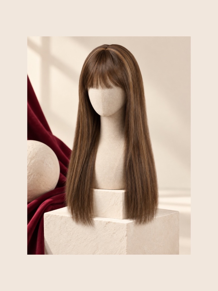 Long brown straight fashion wig displayed on a faceless linen mannequin