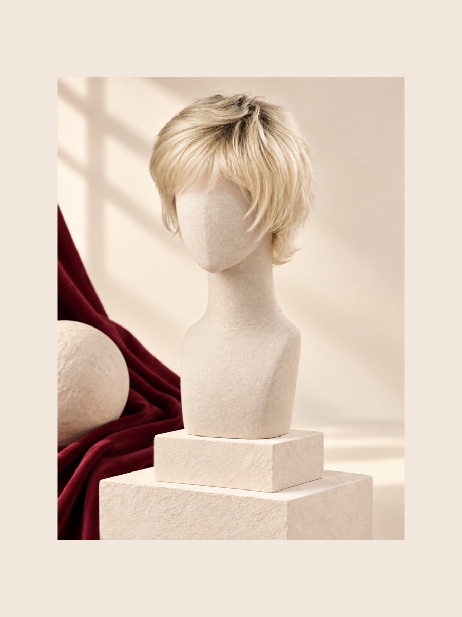 SW161 fashion wig shown on a faceless linen mannequin