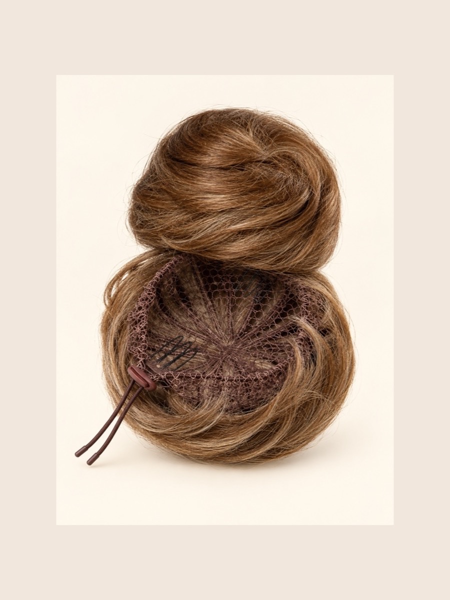 Q3 hair bun / scrunchie displayed on a warm cream background