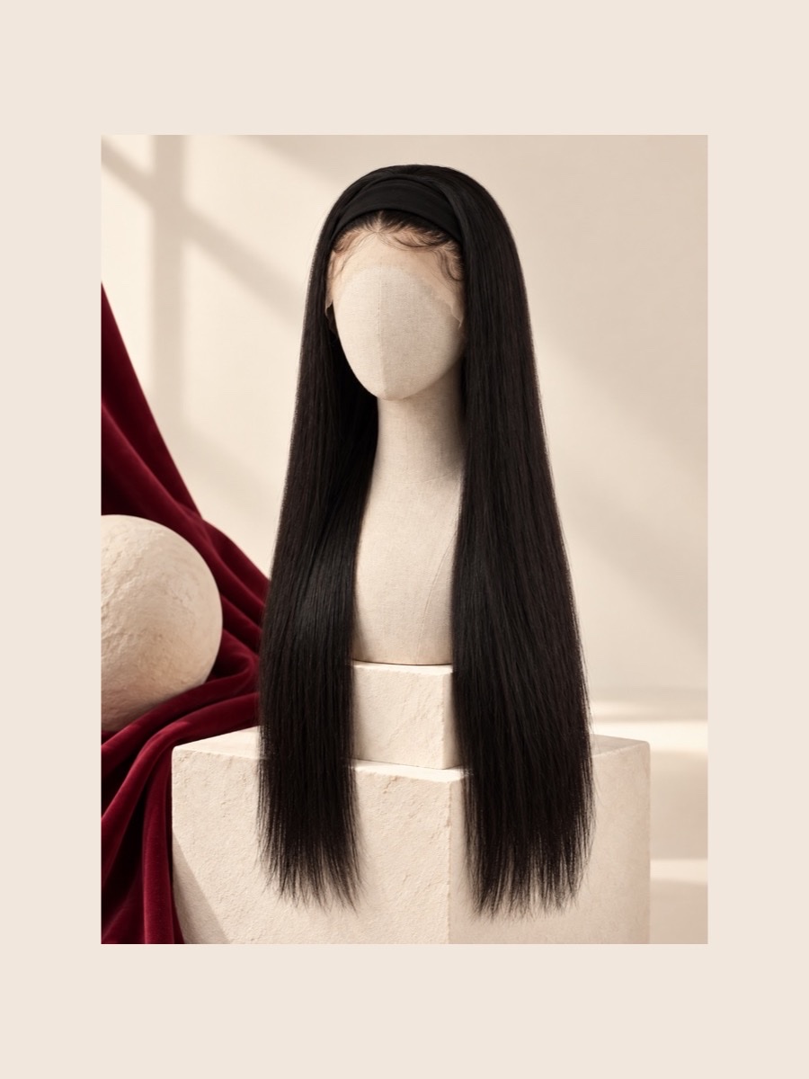 Long black straight headband wig displayed on a faceless linen mannequin