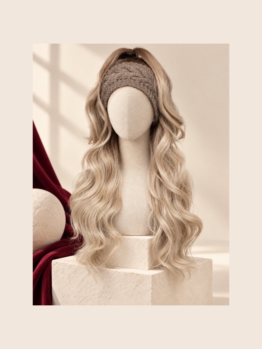HB10 headband / half wig shown on a faceless linen mannequin
