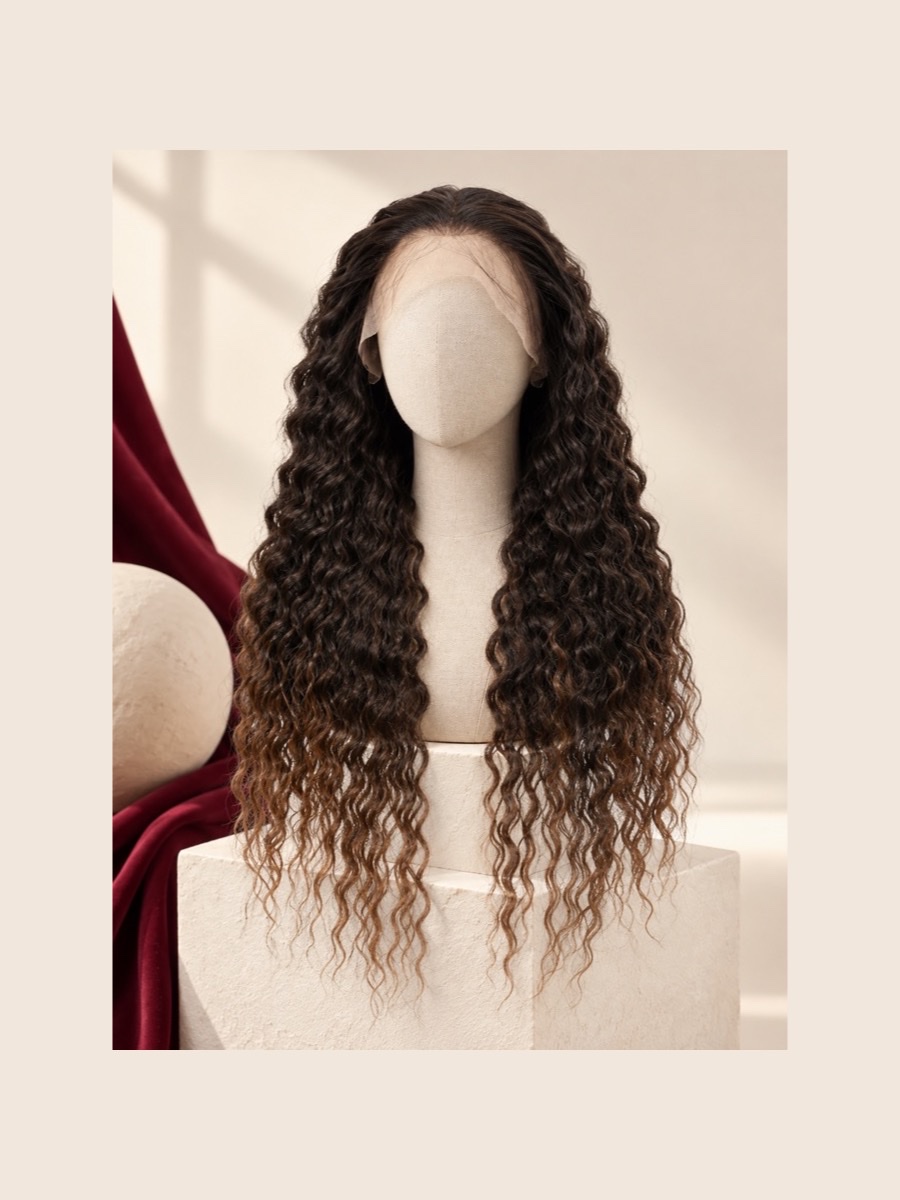 Long black tight-curly lace-front wig displayed on a faceless linen mannequin
