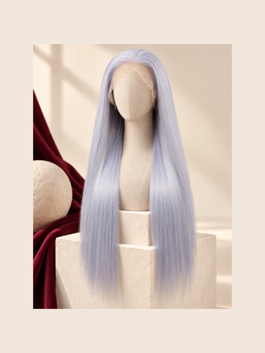 Long black wavy lace-front wig displayed on a faceless linen mannequin
