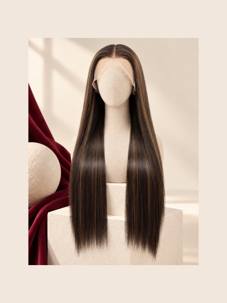 Long black straight lace-front wig displayed on a faceless linen mannequin