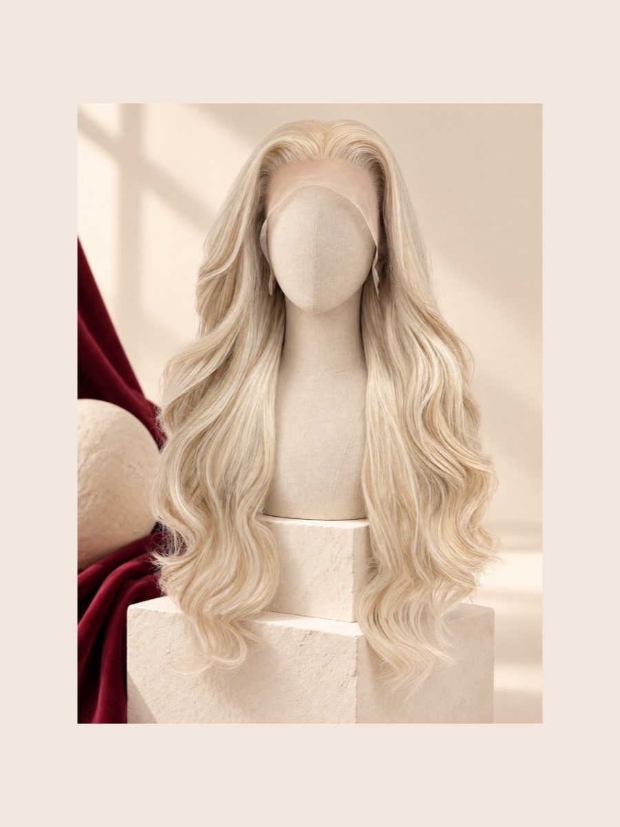 ALW-10 Cream Blonde lace-front wig shown on a faceless linen mannequin