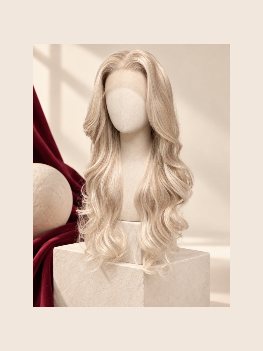 ALW-10 Cream Blonde lace-front wig shown on a faceless linen mannequin