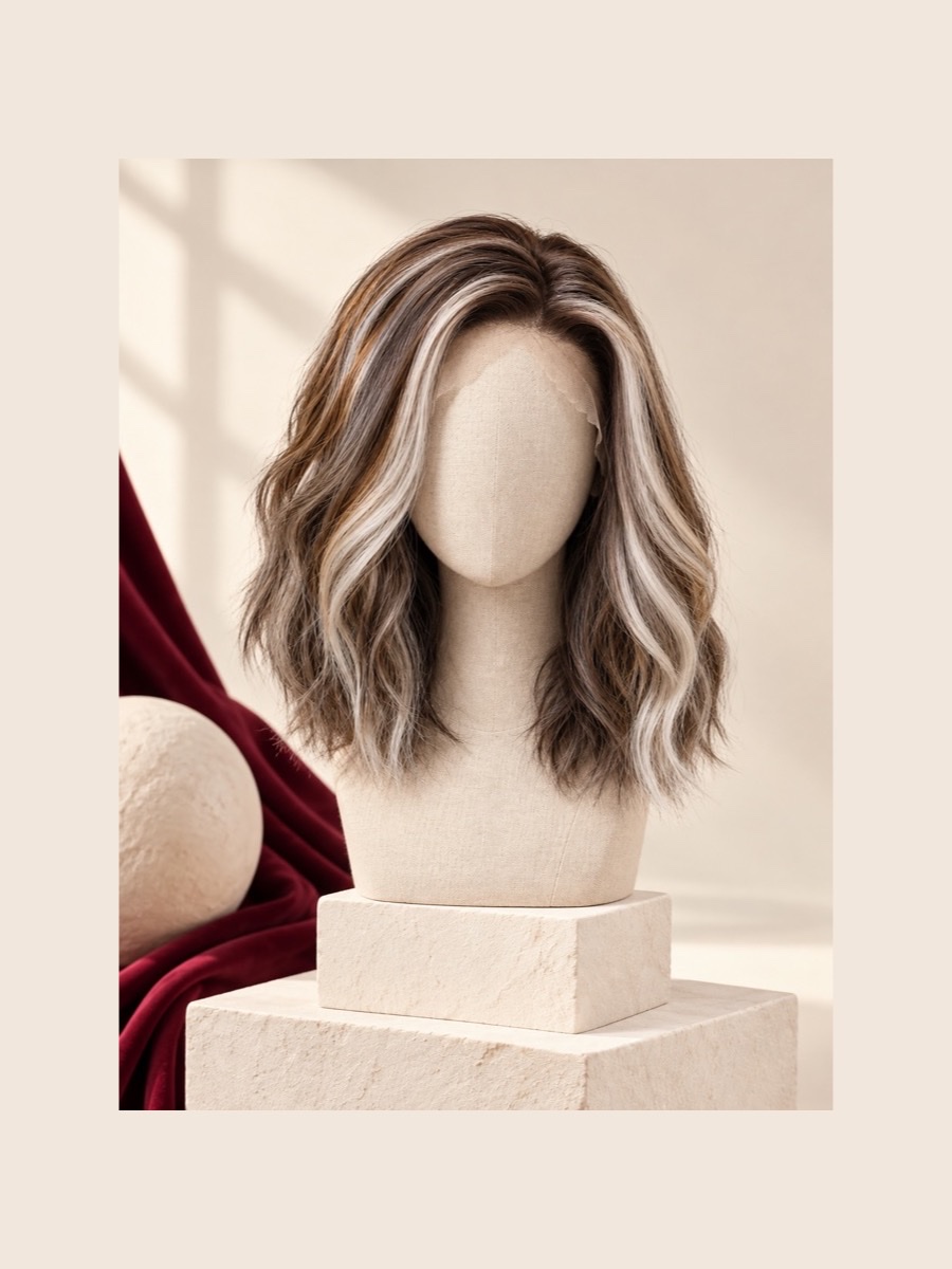 Short highlighted monofilament bob wig displayed on a faceless linen mannequin