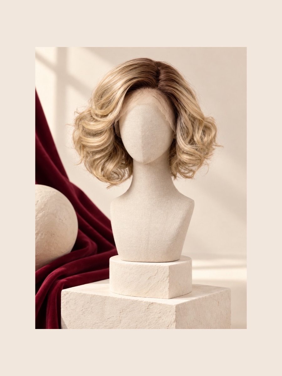 MLW-158&FU-Beige-Multi monofilament wig shown on a faceless linen mannequin