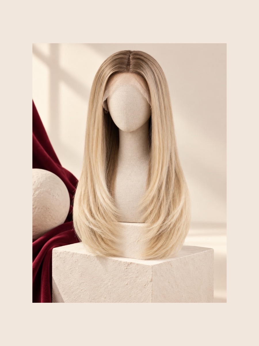 MLW-203&FU-Cream-Blonde monofilament wig shown on a faceless linen mannequin