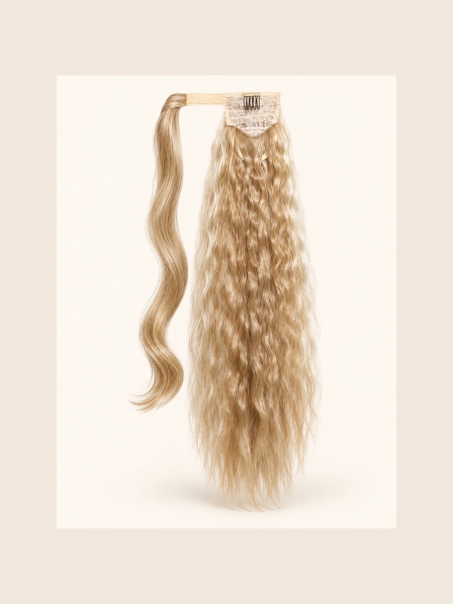 p022 Tie-On Ponytail ponytail extension displayed on a warm cream background