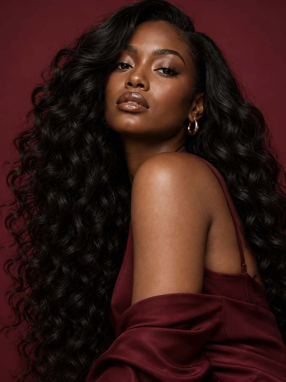 Model wearing a finished long curly wig