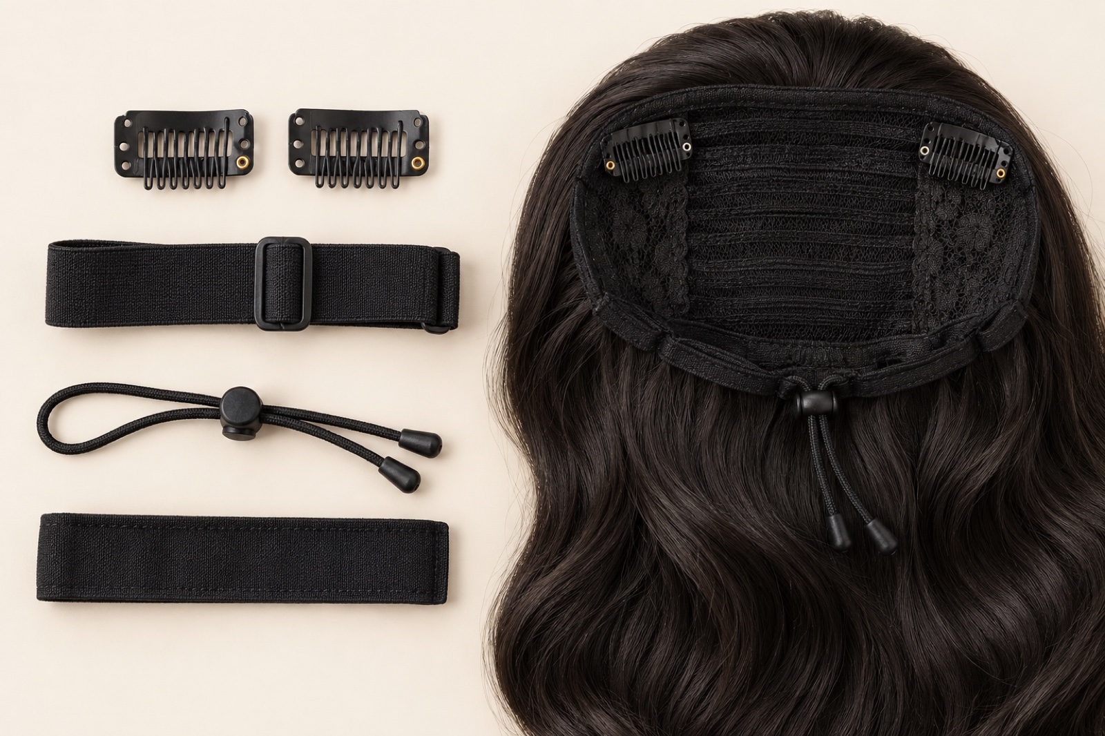 Wig cap, clips, elastic bands and drawstring components arranged for inspection