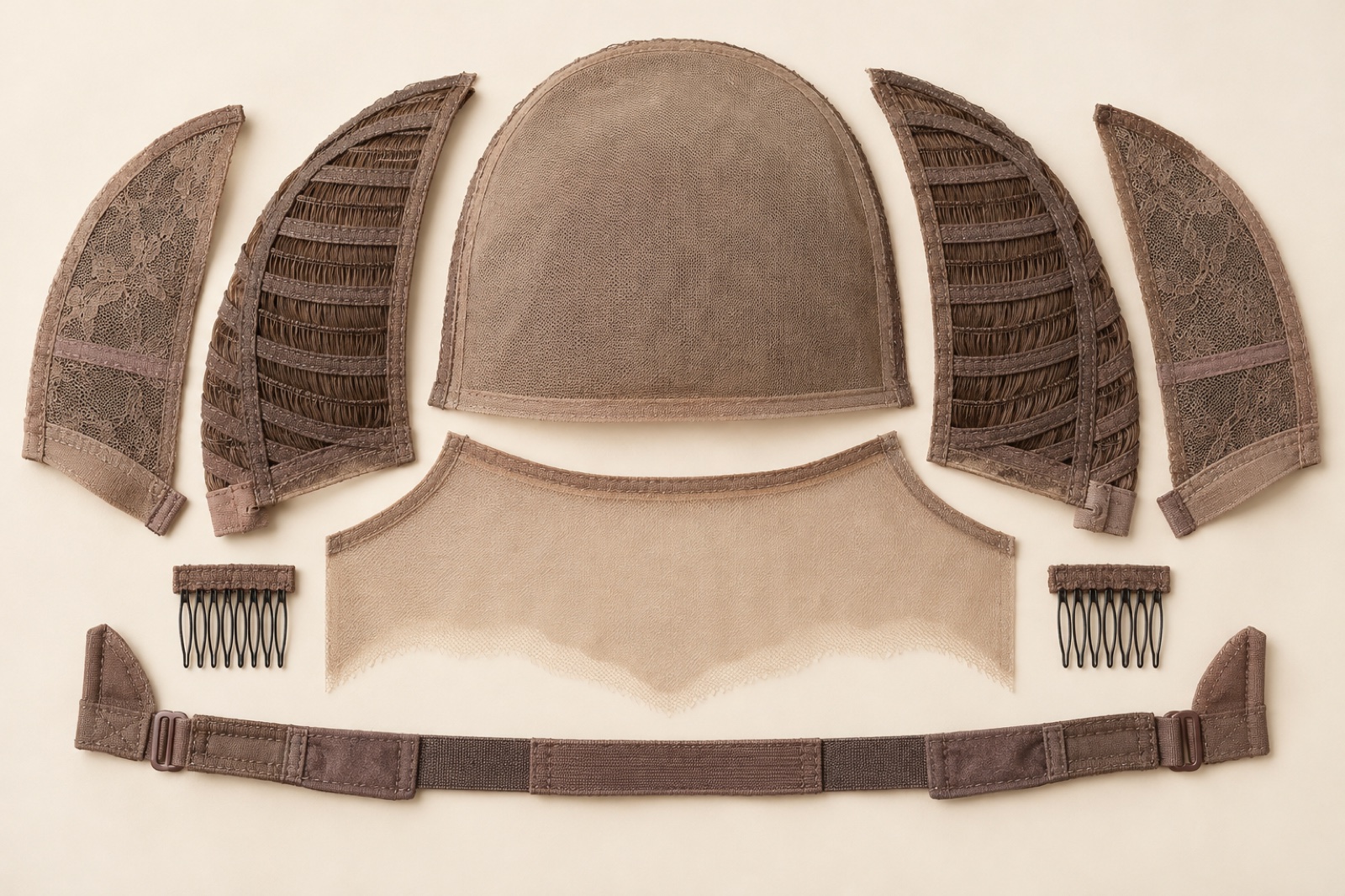 Lace panels, wefts, combs and straps arranged as wig cap components