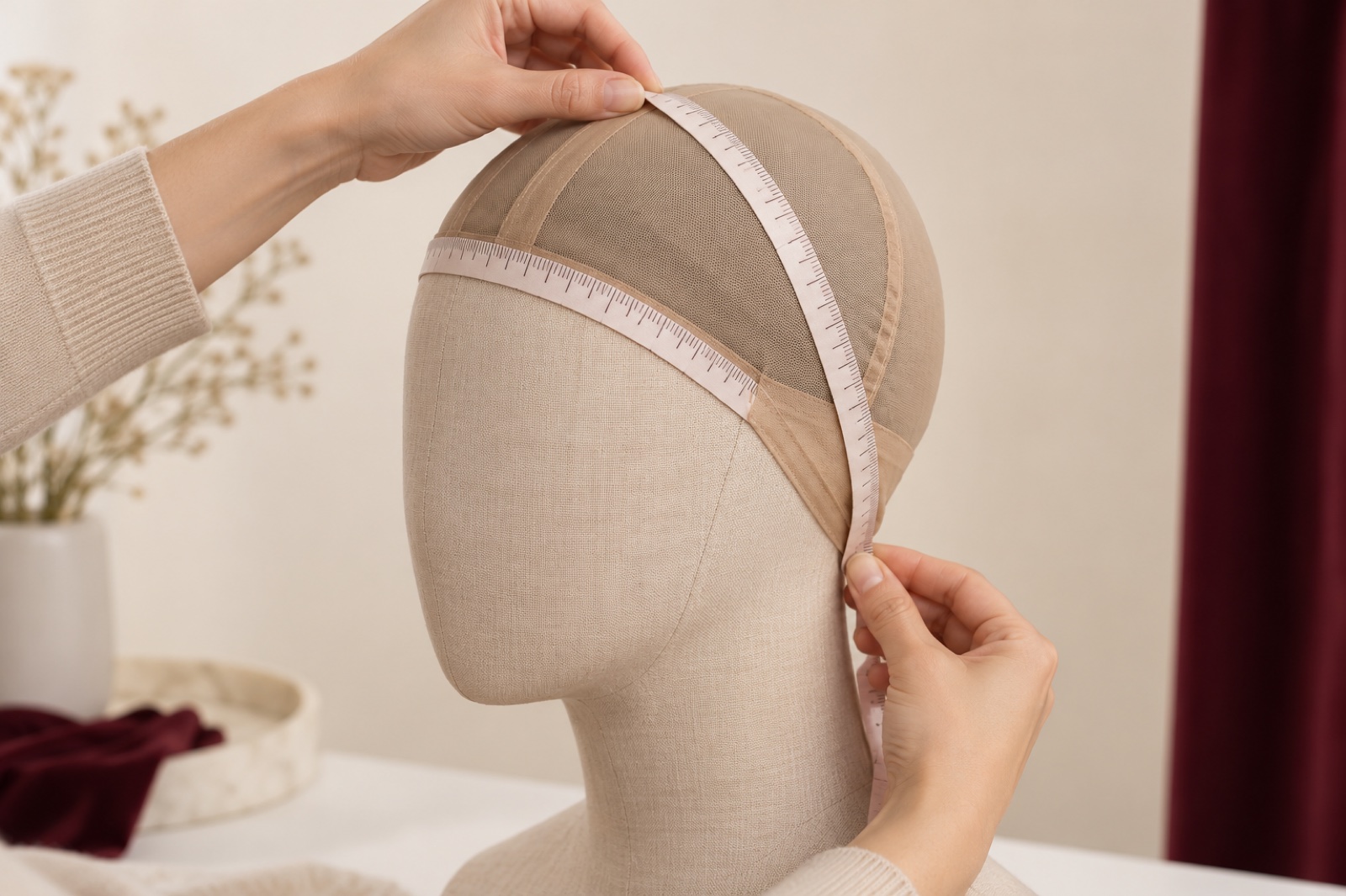Hands measuring a lace wig cap around a neutral linen head form