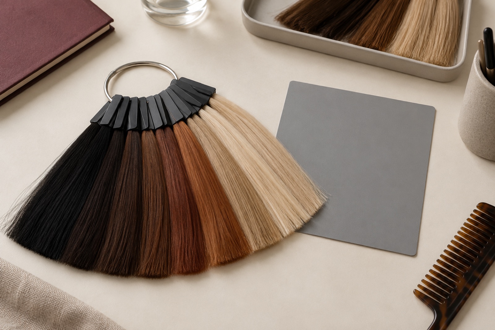 Synthetic hair shade ring arranged beside a neutral colour comparison card