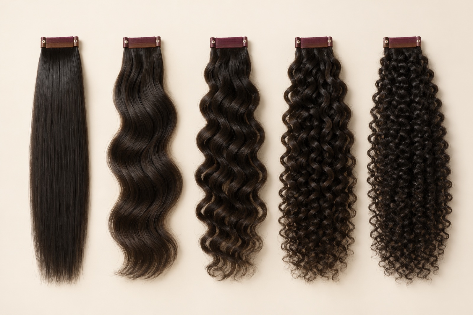 Five hair swatches comparing straight, body-wave and curly pattern shapes