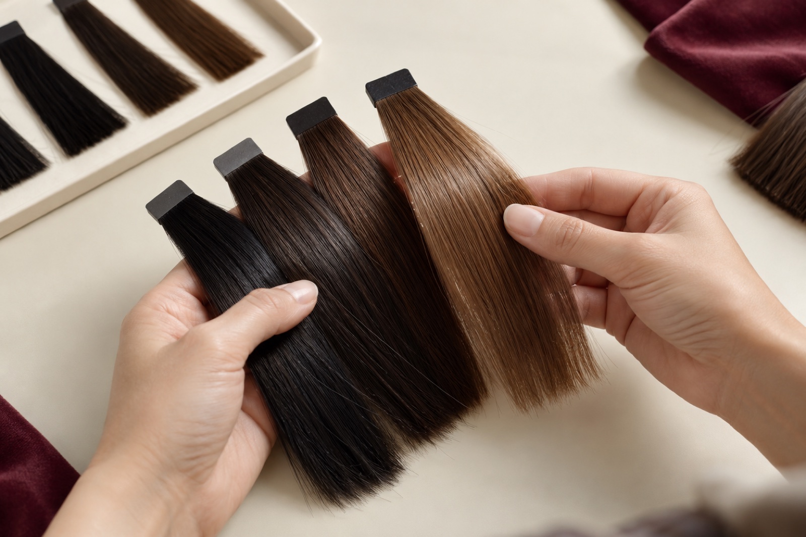 Hands comparing dark and brown synthetic hair swatches above a material review desk