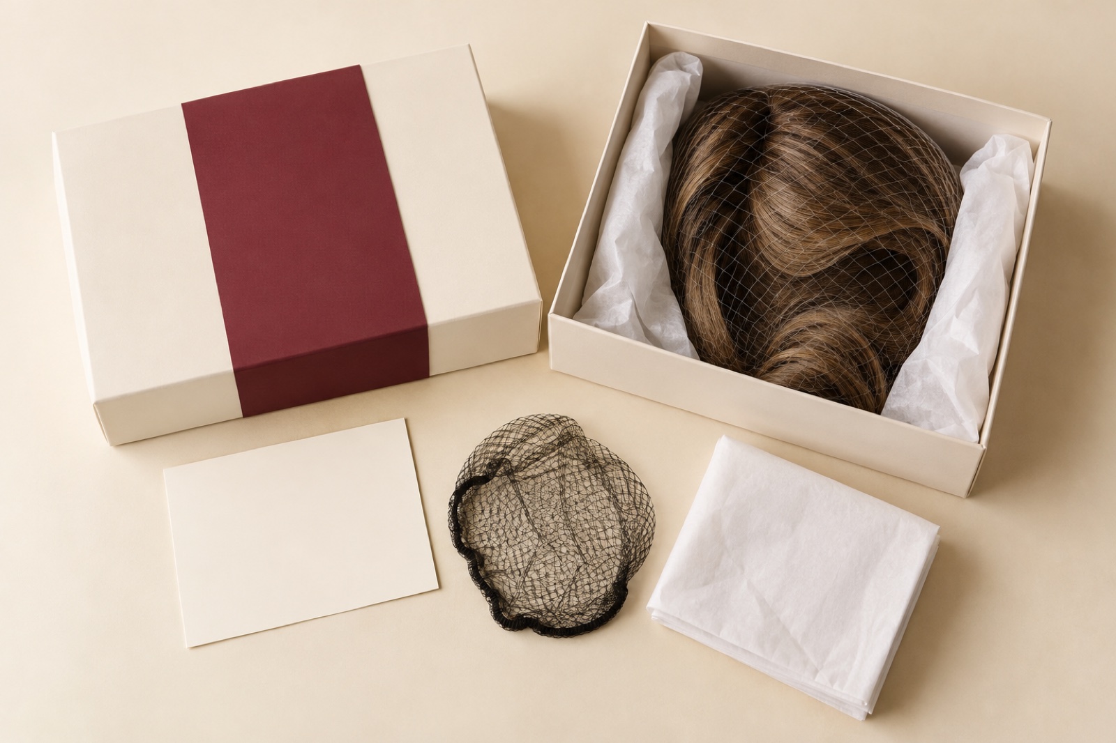 Hairpiece, box, pouch and inserts arranged for private-label packaging approval