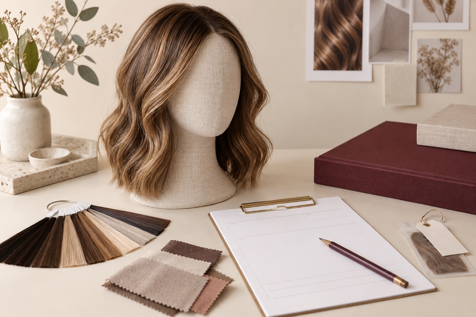 Wig sample, colour references and written notes arranged on an approval desk