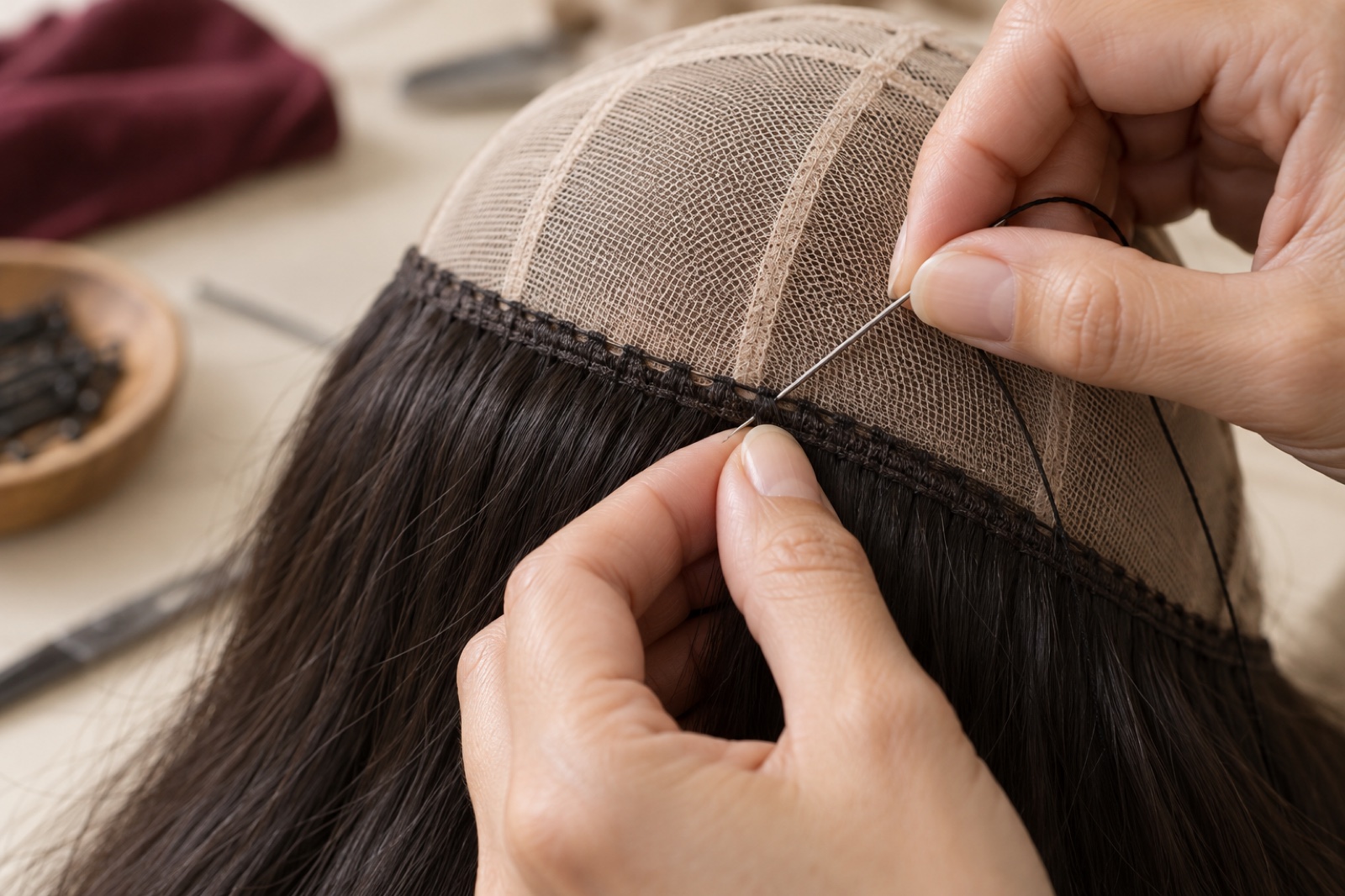 Hands inspecting the stitching along a dark hair weft and lace cap